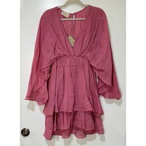 August Tiered Ruffled Dress Rosy Pink Ramie Size M/L NWT Vacation Made In Greece